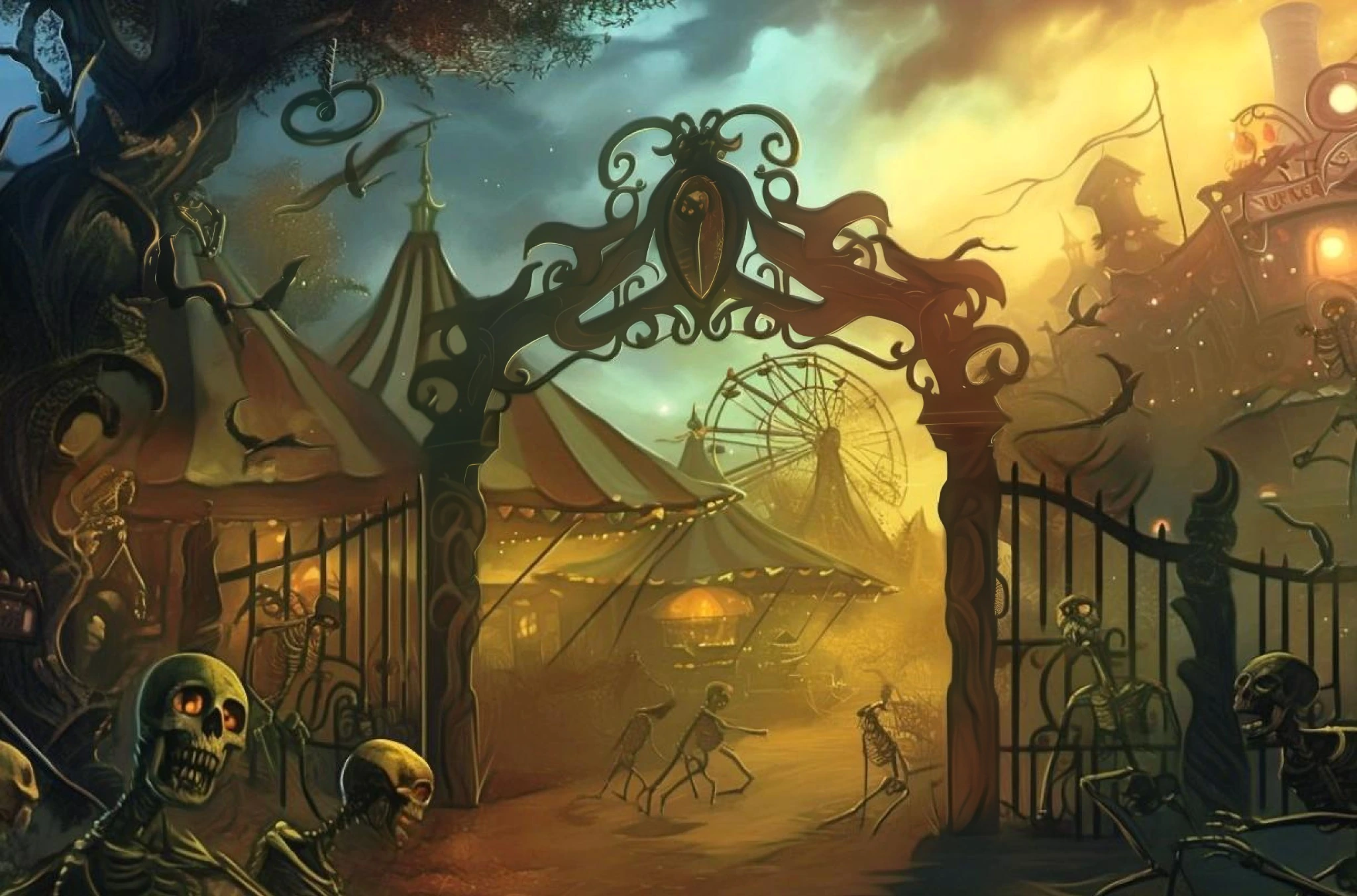 The ornate gates of Bellafane opening onto a haunted carnival midway